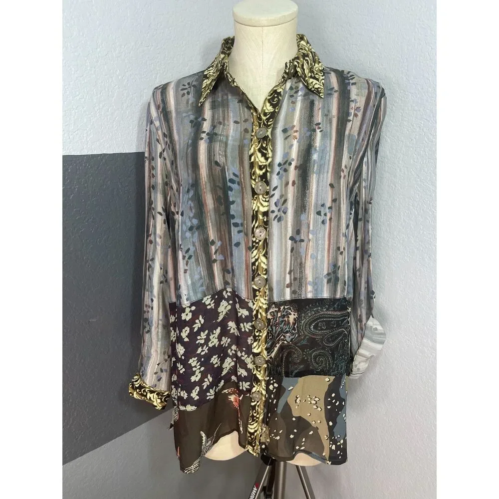 John Mark PM Mixed Print Patchwork Tunic Roll Tab Button Down Blouse Bird Artsy - Picture 1 of 14